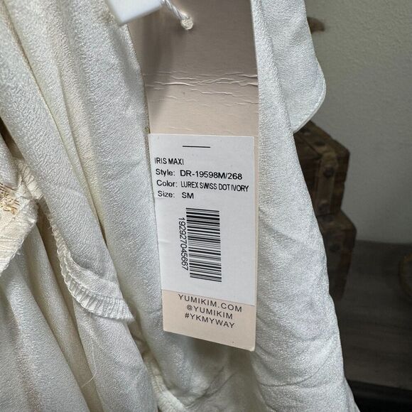 Yumi Kim Iris Ivory/Gold Swiss Dot Lurex Maxi Wrap Dress Ruffle Formal Size S - Picture 9 of 11